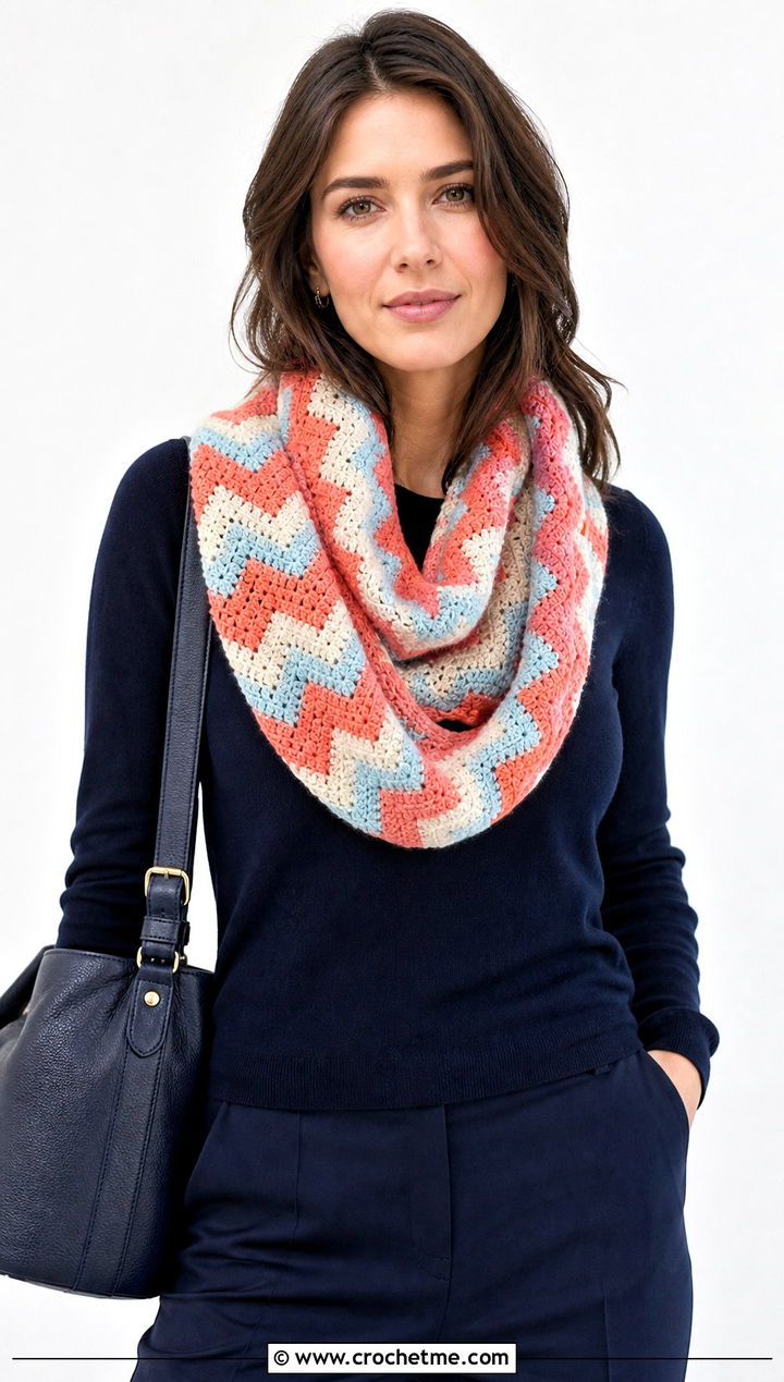 Chevron Crocheted Infinity Scarf With Monochrome Outfit - 25 Crocheted Infinity Scarf outfit ideas