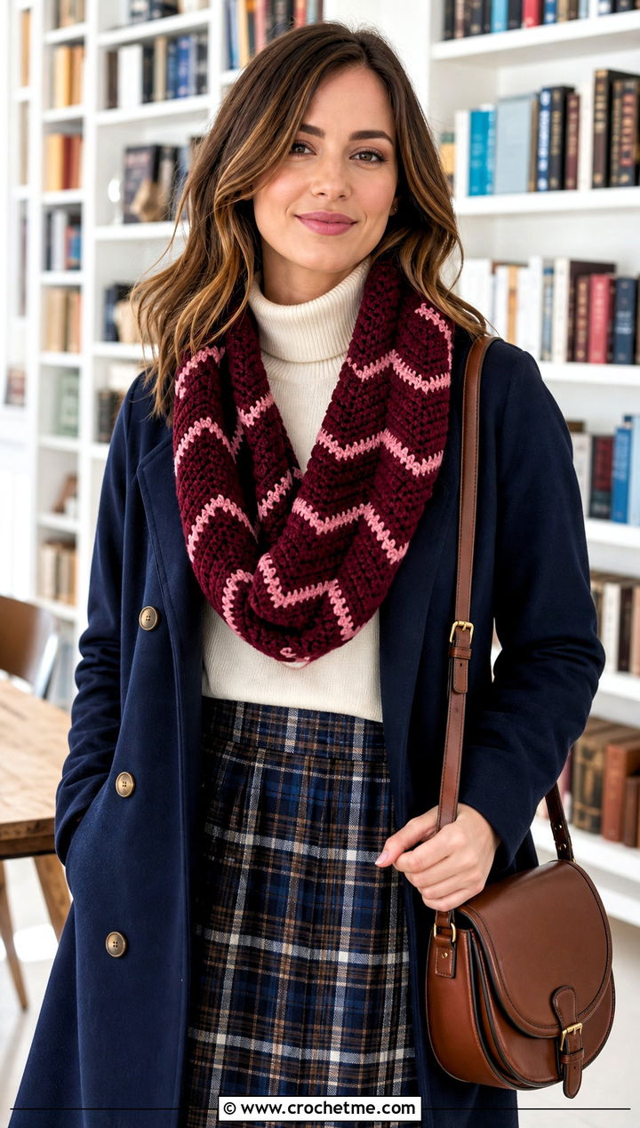 Chevron Crocheted Infinity Scarf With Peacoat and Plaid Skirt - 15 Easy Crocheted Infinity Scarf outfit ideas