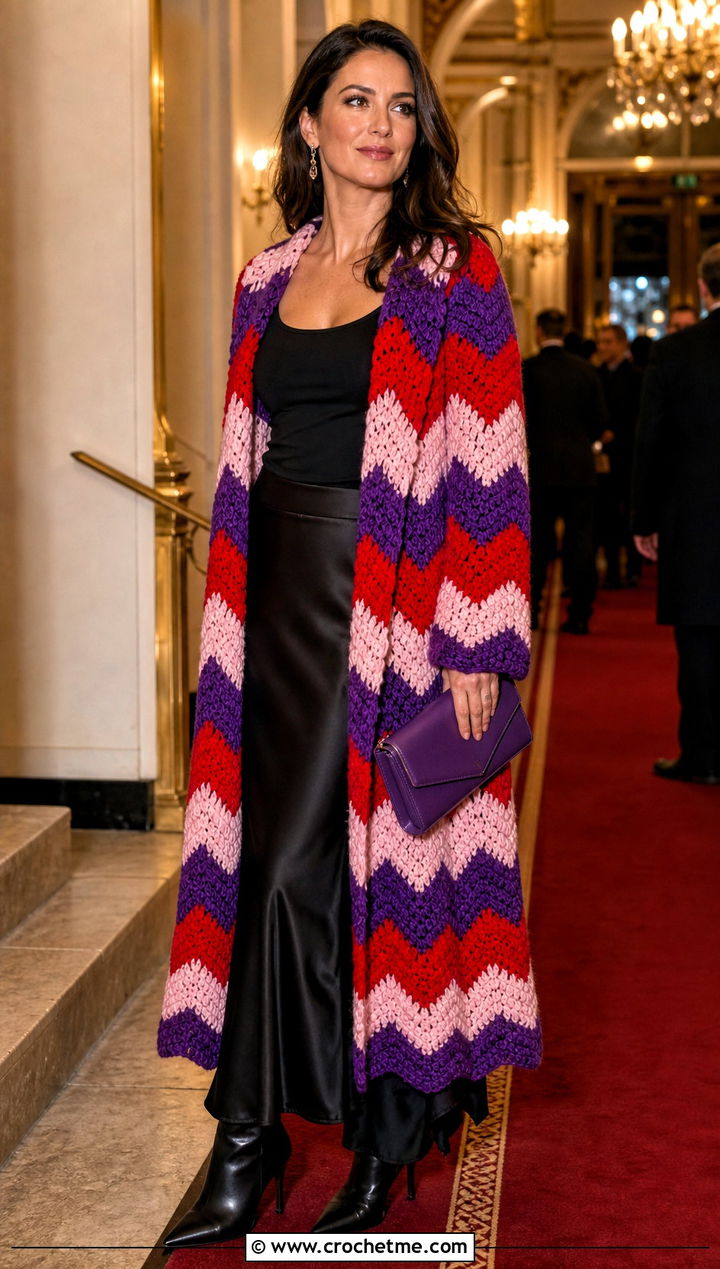 Chevron Crocheted Sweater Coat With Satin Maxi Skirt - 15 colorful crocheted sweater coat outfit ideas