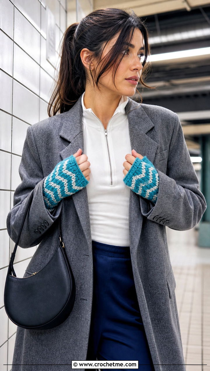 Chevron DK Yarn Crochet Fingerless Gloves With Track Pants - 25 dk yarn crochet fingerless gloves outfit ideas