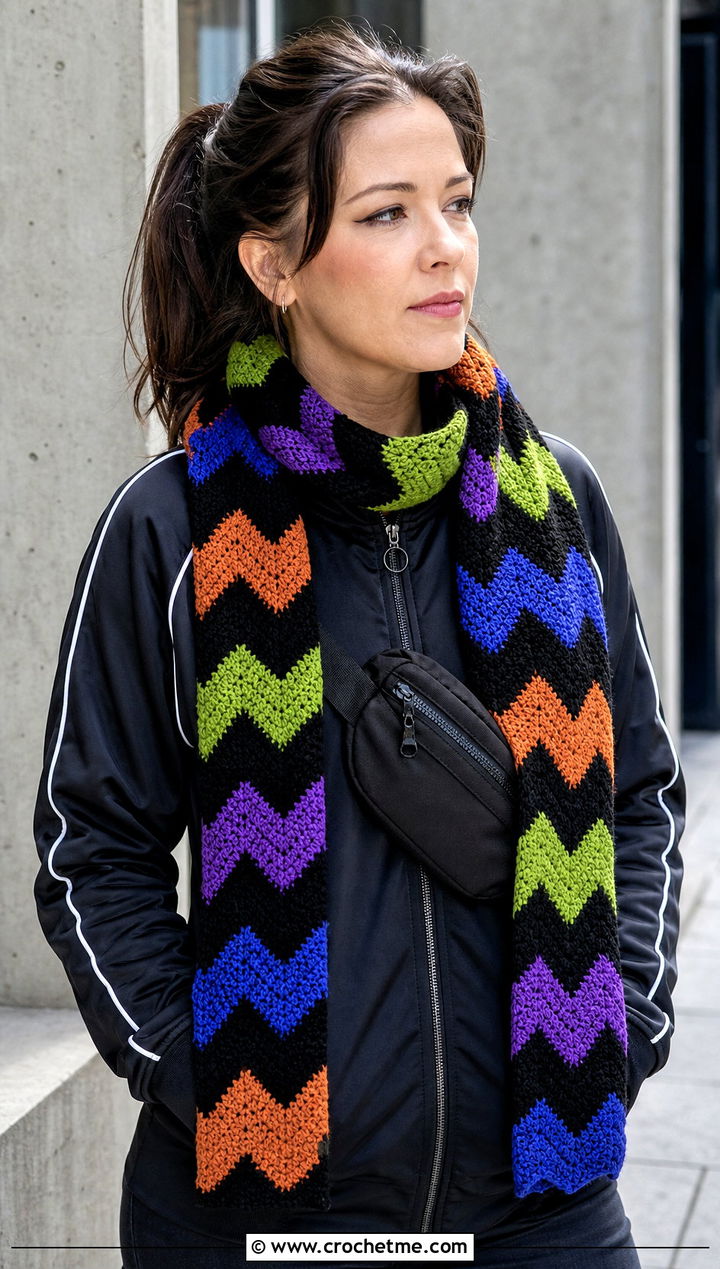 Chevron Doctor Who Crochet Scarf With Track Jacket And Maxi Skirt - 25 Doctor Who Crochet Scarf outfit ideas