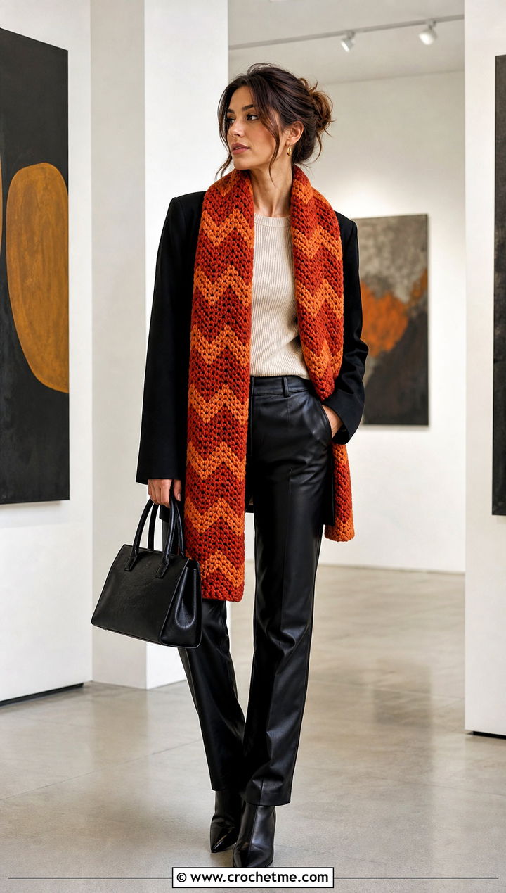 Chevron Double Crochet Scarf With Leather Pants And Blazer - 35 double crochet scarf outfit ideas