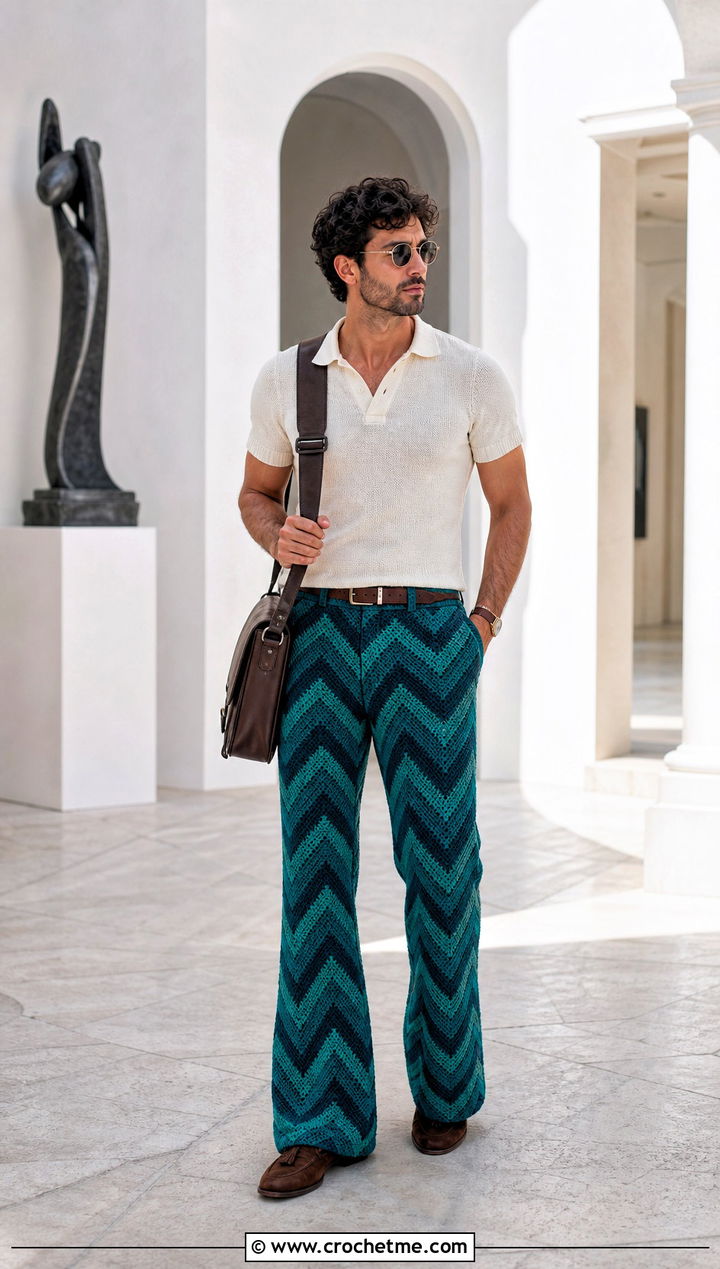 Chevron Flare Crochet Pants With Polo Shirt - 30 mens crochet pants outfit ideas