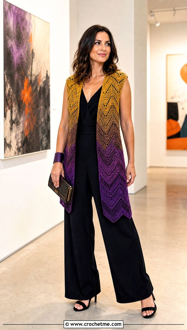 Chevron Gradient Crochet Shawl Vest With Black Jumpsuit - 25 crochet shawl vest outfit ideas