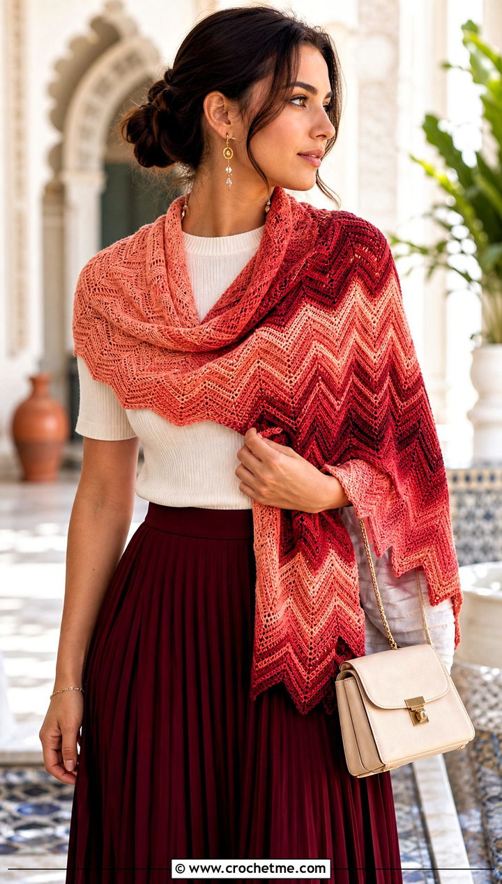 Chevron Gradient Shawl With Pleated Skirt - 15 Crochet Gradient Shawl outfit ideas