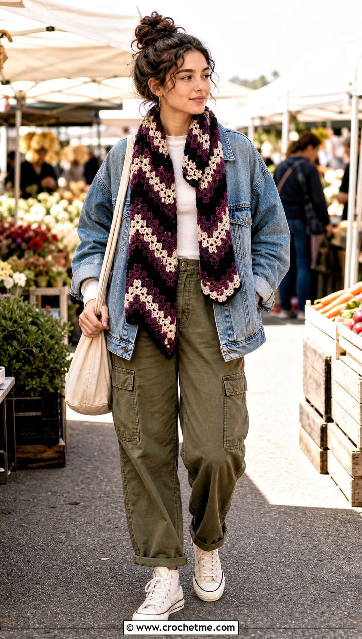 Chevron Granny Square Scarf With Denim Jacket And Cargo Pants - 35 granny square crochet scarf outfit ideas