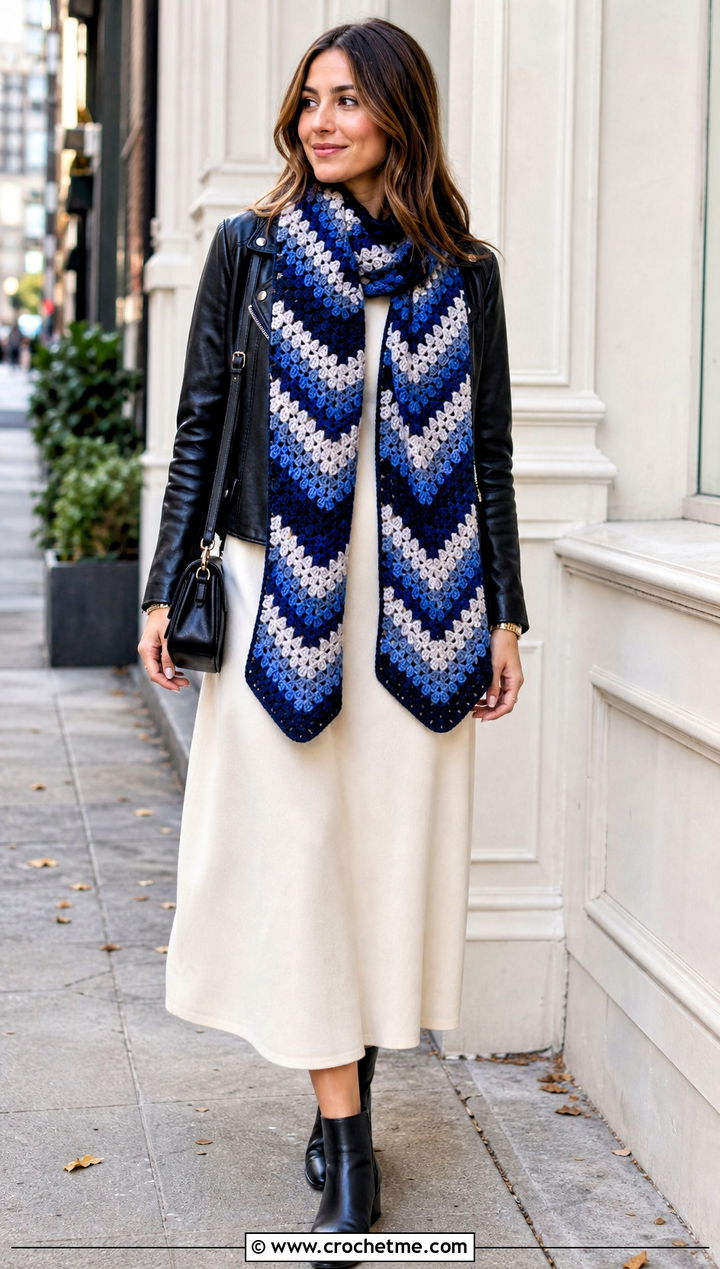 Chevron Granny Square Scarf With Moto Jacket and Midi Dress - 25 granny square scarves outfit ideas