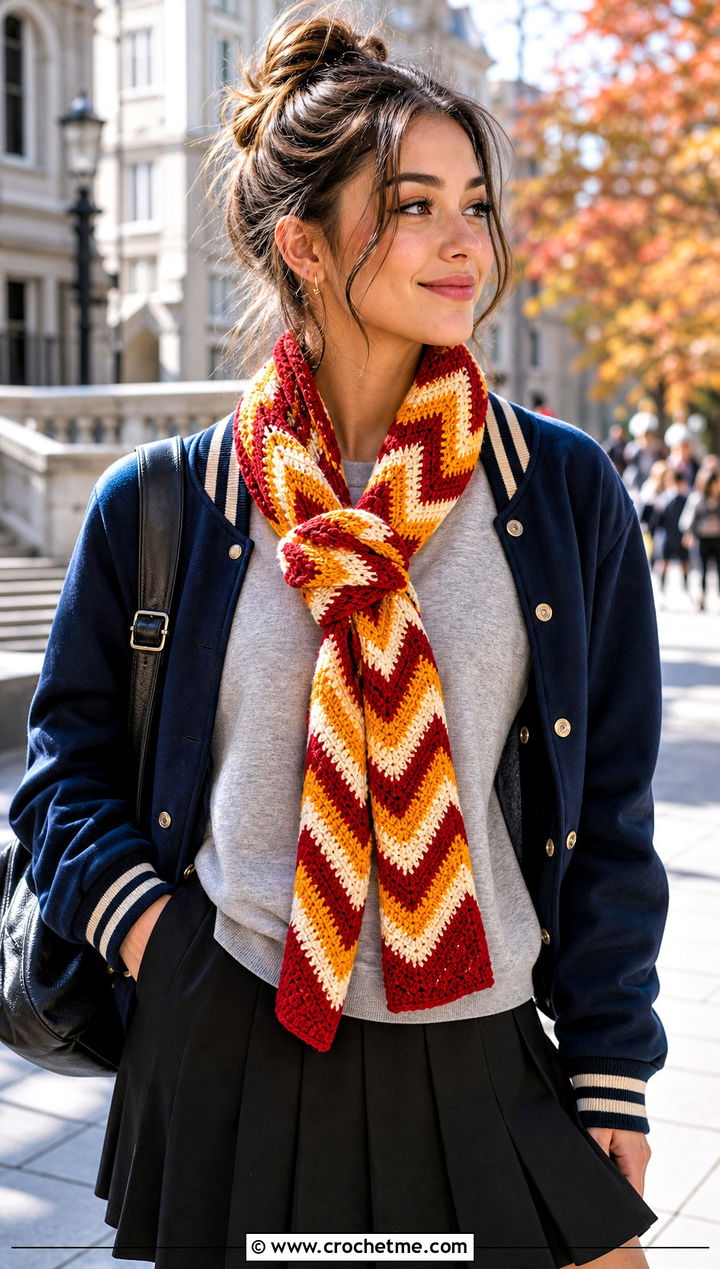 Chevron Gryffindor Crochet Scarf With Varsity Jacket - 25 gryffindor crochet scarf outfit ideas