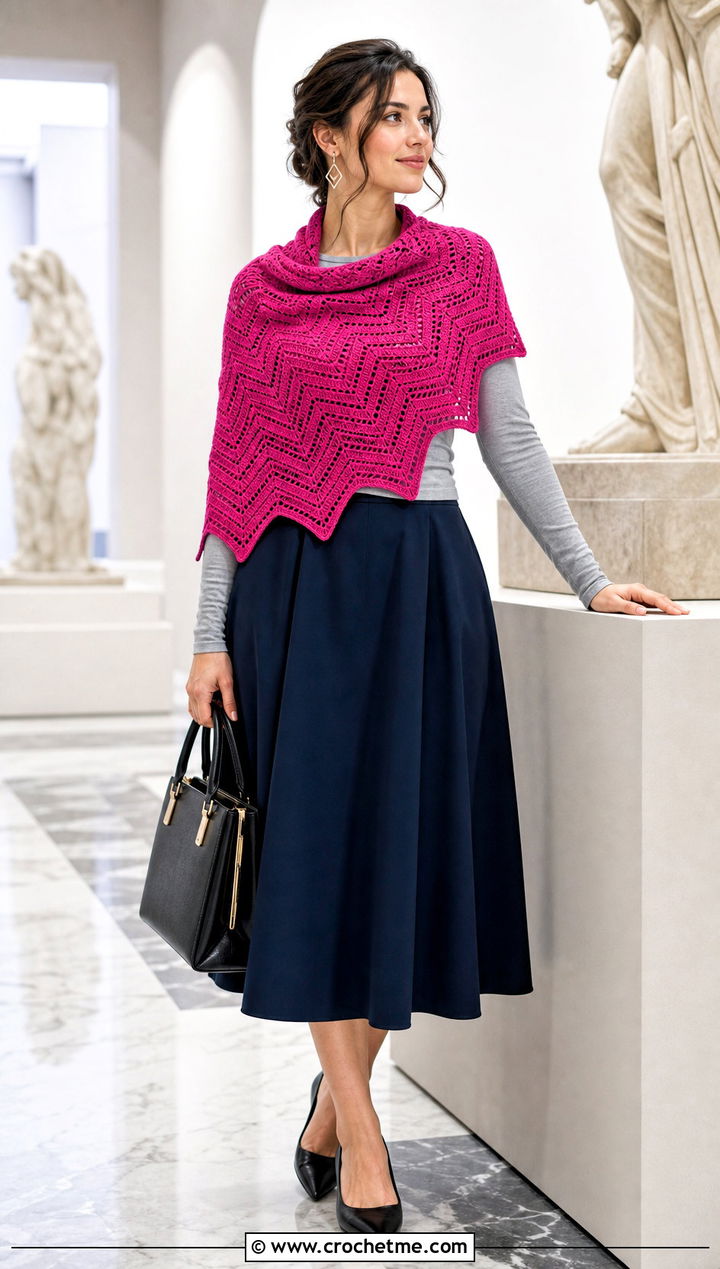 Chevron Half Moon Crochet Shawl With Midi Skirt And Knit Top - 25 Half Moon Crochet Shawl outfit ideas