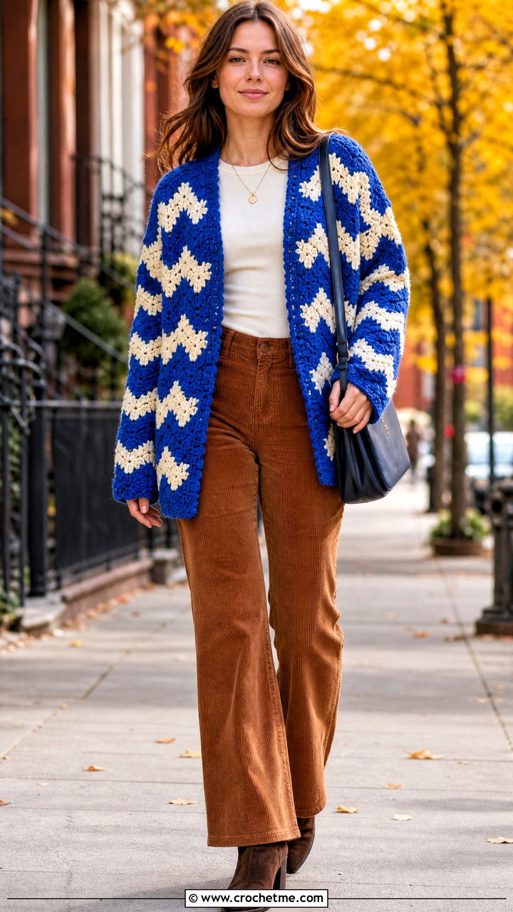 Chevron Hexagon Crochet Cardigan With Corduroy Pants - 35 hexagon crochet cardigan outfit ideas