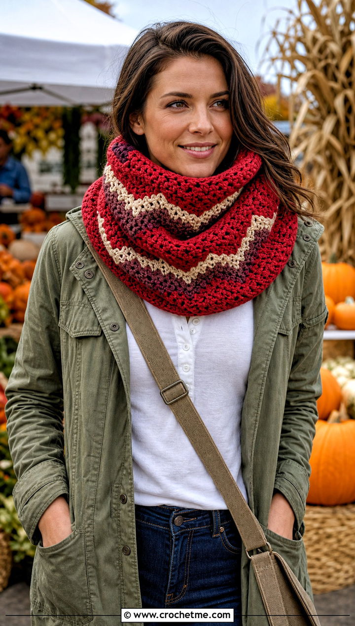 Chevron Hooded Crochet Cowl Snood With Utility Jacket - 25 hooded crochet cowl snood outfit ideas