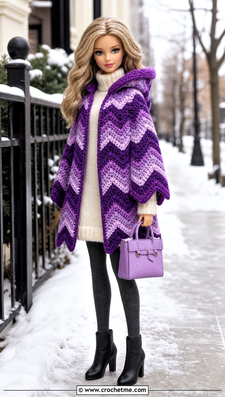 Chevron Hooded Crochet Doll Cape With Sweater Dress - 25 Crochet Doll Cape outfit ideas