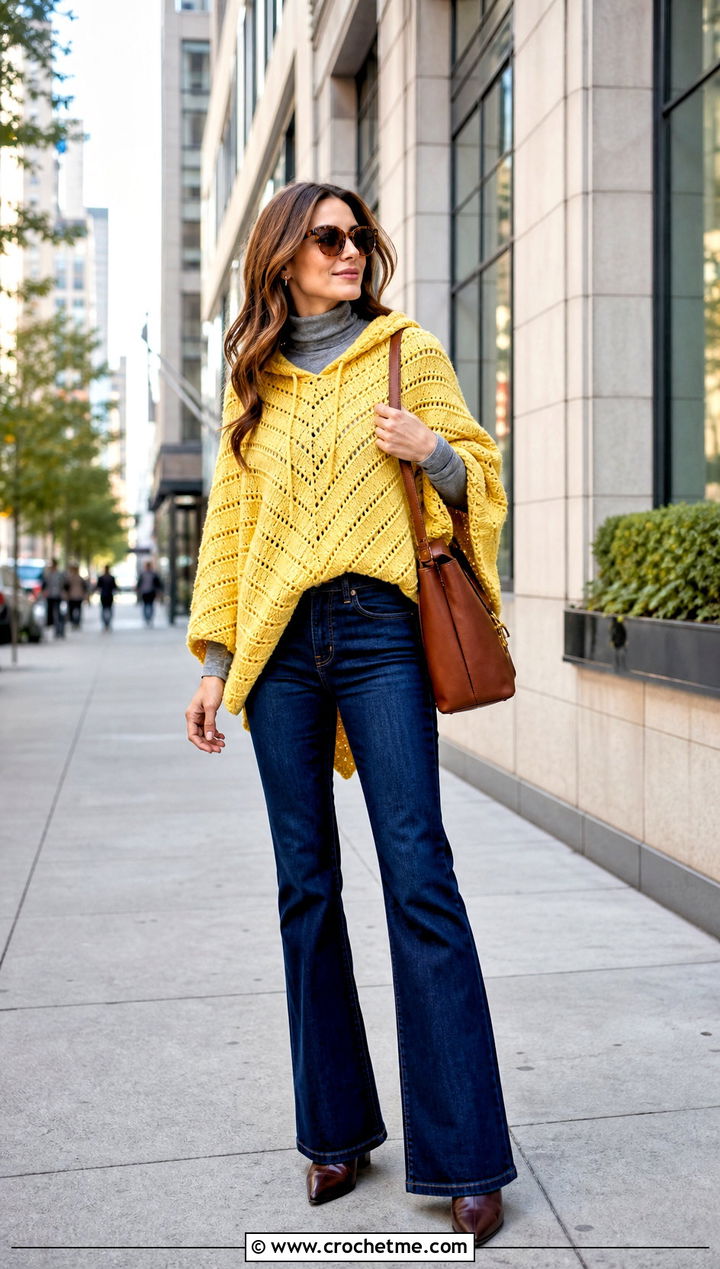 Chevron Hooded Poncho With Bootcut Jeans - 35 Crochet Hooded Poncho outfit ideas
