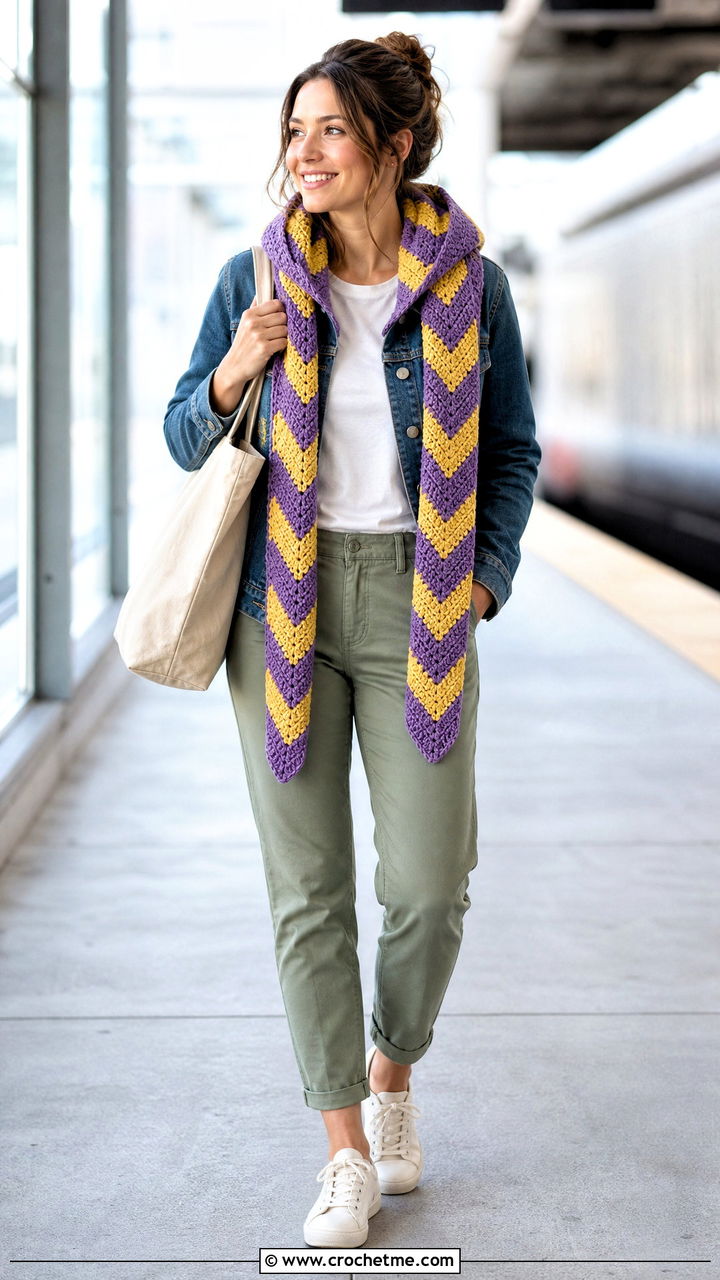 Chevron Hooded Scarf With Denim Jacket And Chinos - 35 crochet hooded scarf outfit ideas