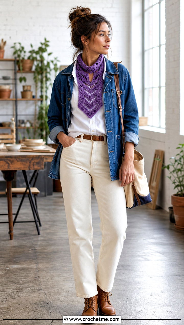 Chevron Keyhole Crochet Scarf With Chore Jacket - 25 Keyhole Crochet Scarf outfit ideas