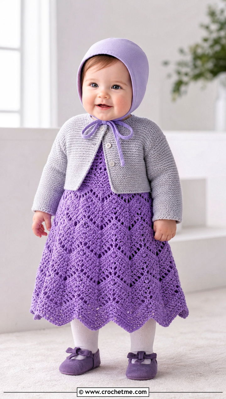 Chevron Lace Crochet Blessing Dress With Soft Knit Cardigan - 15 Crochet Blessing Dress outfit ideas