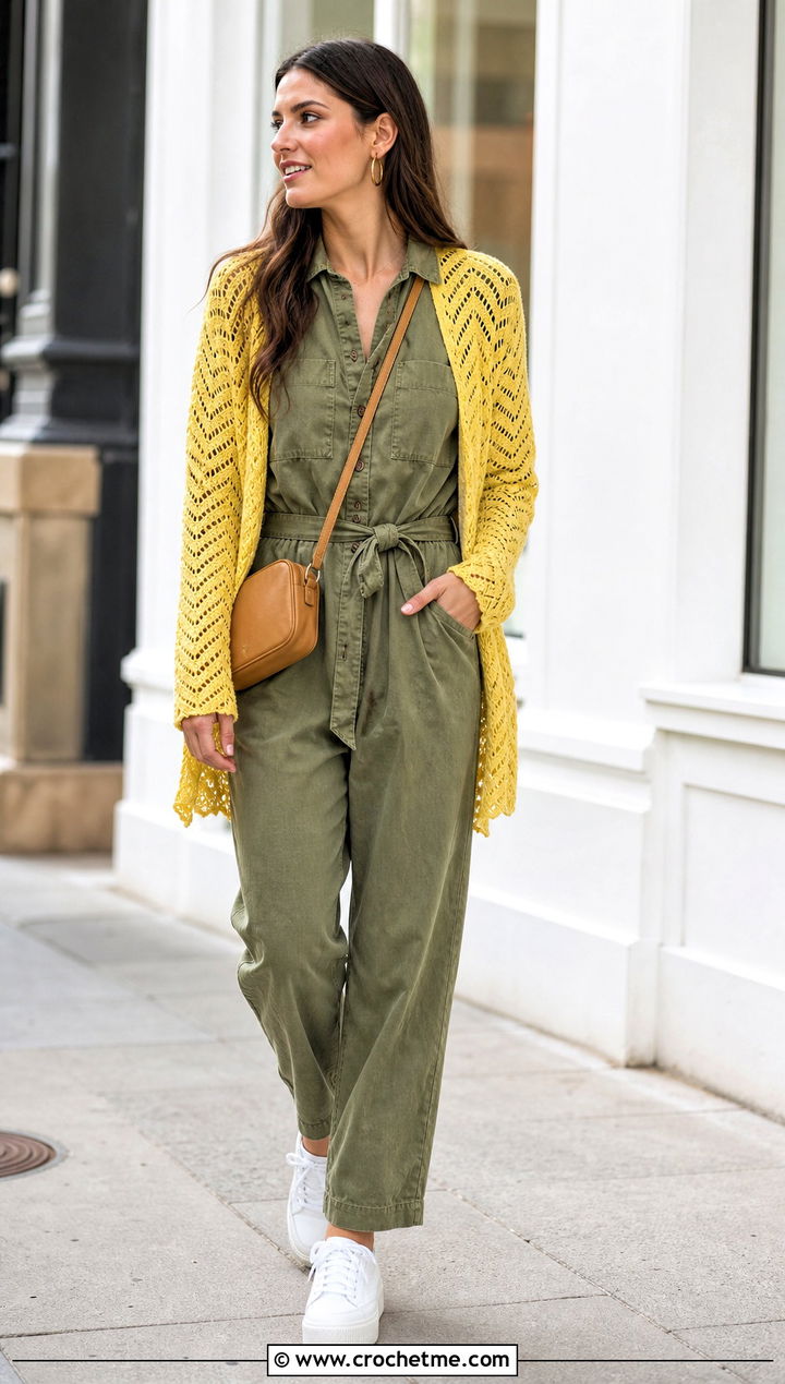 Chevron Lace Crochet Cardigan With Utility Jumpsuit - 25 Lacy Crochet Cardigan outfit ideas