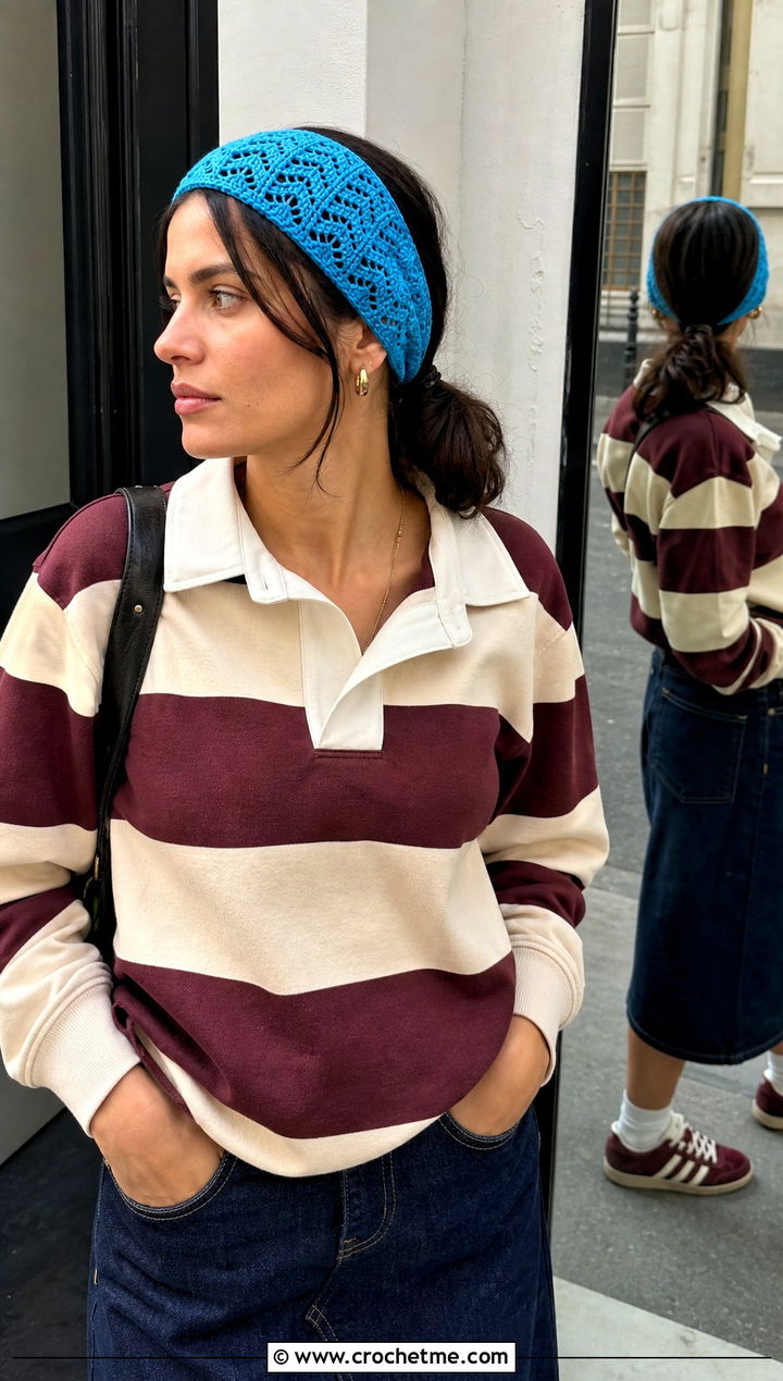 Chevron Lace Crochet Headband With Rugby Shirt And Denim Skirt - 30 lace crochet headband outfit ideas
