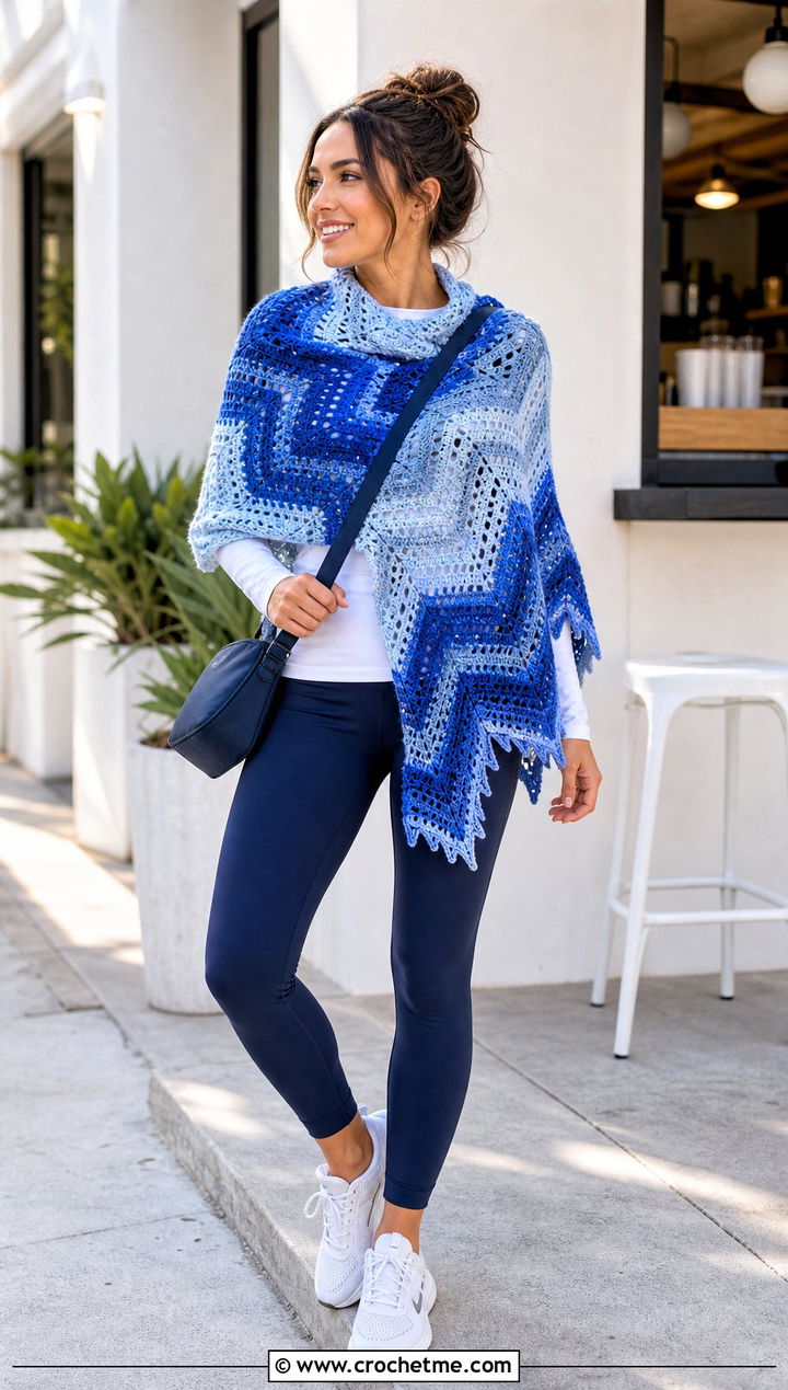 Chevron Lace Crochet Shawl With Athleisure - 15 Easy Lacy Crochet Shawl outfit ideas
