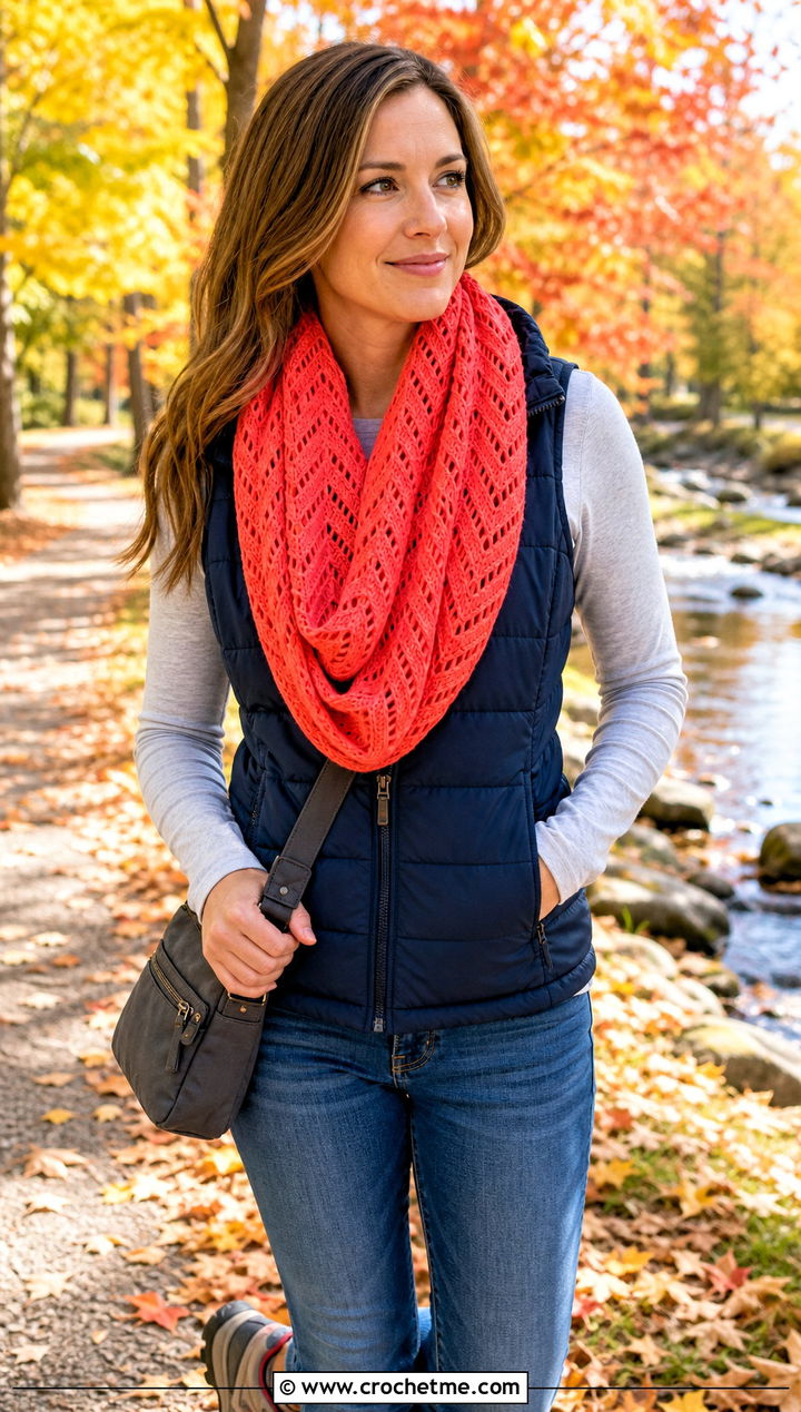 Chevron Lace Infinity Scarf With Puffer Vest - 20 Lacy Crochet Infinity Scarf outfit ideas