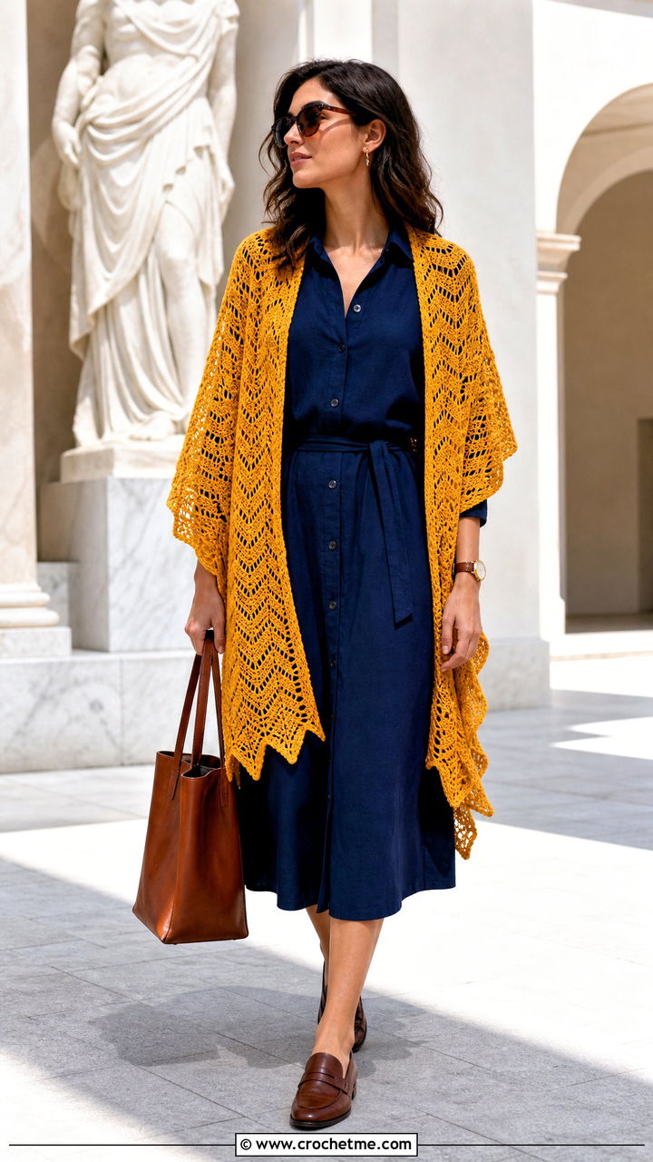 Chevron Lacy Crochet Shawl With Shirt Dress - 35 lacy crochet shawl outfit ideas