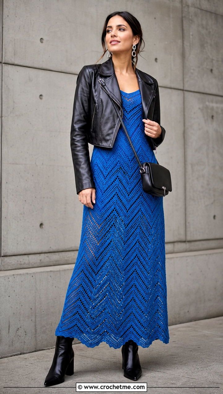Chevron Long Crochet Dress With Leather Jacket - 35 Long Crochet Dress outfit ideas