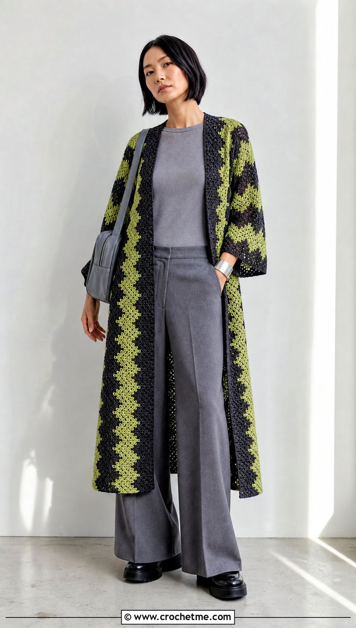 Chevron Long Crochet Duster With Monochrome Outfit - 25 Long Crochet Duster outfit ideas