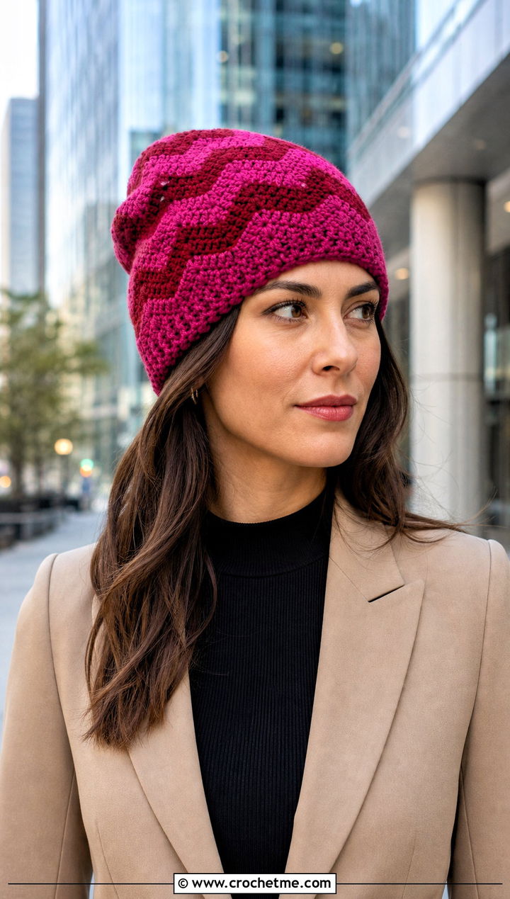 Chevron Long Crochet Hat With Tailored Suit - 30 crochet long hat outfit ideas