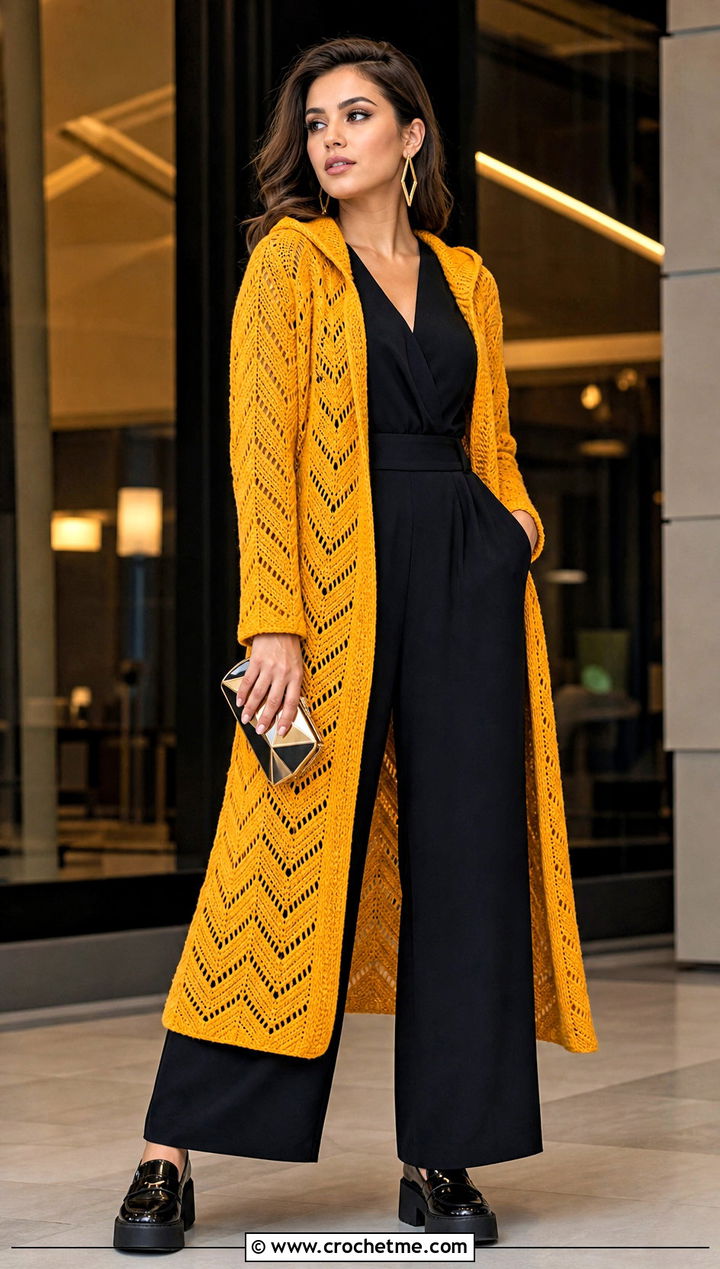 Chevron Long Hooded Cardigan With Black Jumpsuit - 25 crochet long hooded cardigan outfit ideas