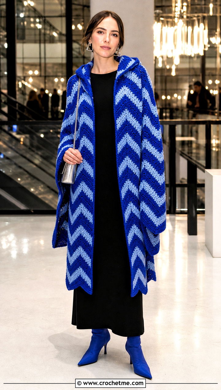 Chevron Long Hooded Crochet Cape With Column Dress - 25 Long Hooded Crochet Cape outfit ideas