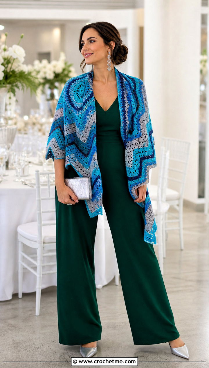 Chevron Mandala Yarn Crochet Shawl With A Jumpsuit - 15 Crochet Shawl Mandala Yarn outfit ideas