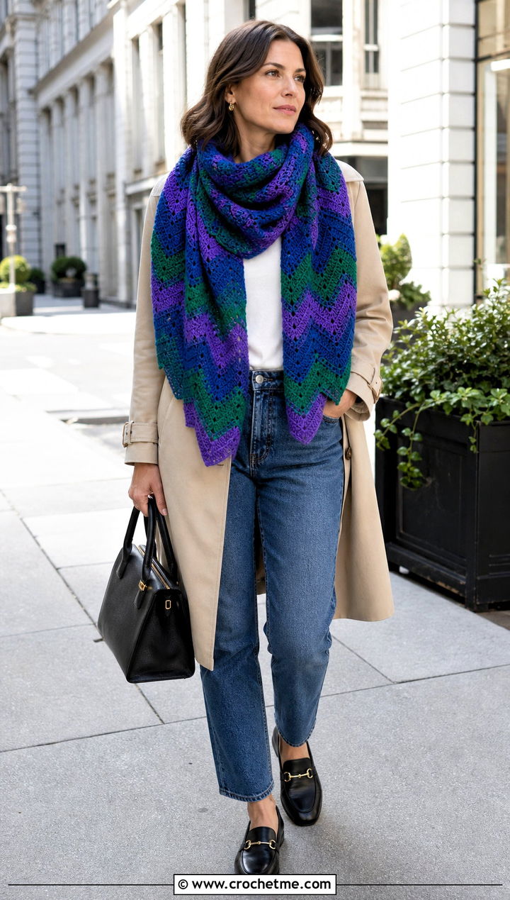 Chevron Mandala Yarn Crochet Shawl With Trench Coat - 20 Mandala Yarn Crochet Shawl outfit ideas