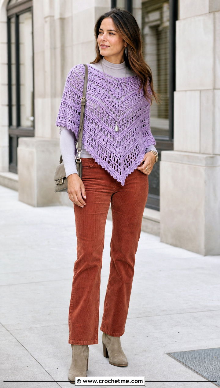 Chevron Mesh Crochet Poncho With Corduroy Pants - 25 Mesh Crochet Poncho outfit ideas