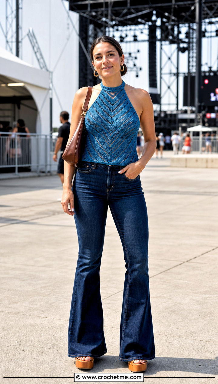Chevron Mesh Halter Top With Flared Jeans - 30 Crochet Mesh Halter Top outfit ideas