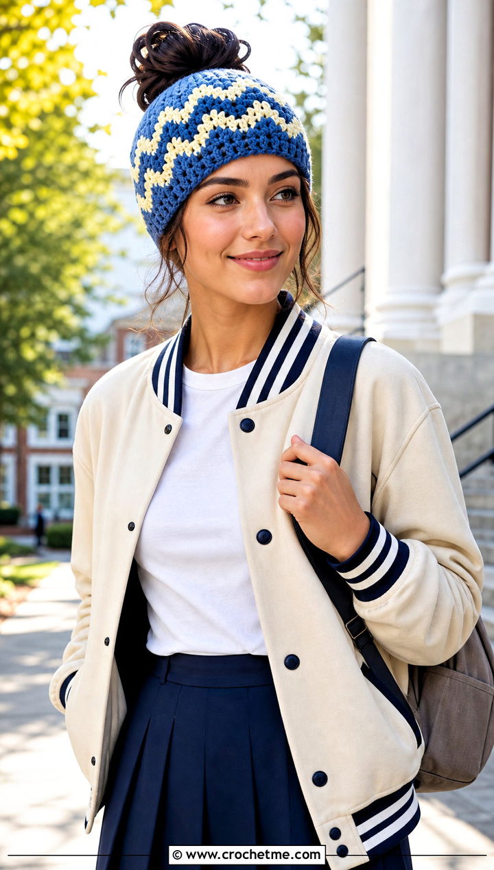 Chevron Messy Bun Crochet Hat With Varsity Jacket And Pleated Skirt - 25 Easy Messy Bun Crochet Hat outfit ideas