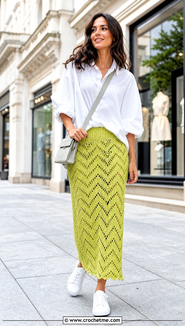 Chevron Midi Crochet Skirt With Poplin Shirt - 30 midi crochet skirt outfit ideas