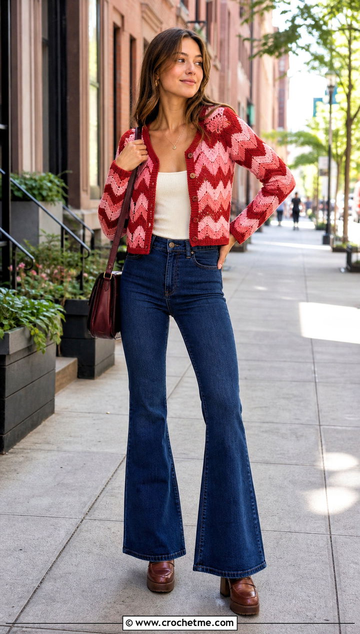 Chevron Mini Crochet Cardigan With Flared Jeans - 35 mini crochet cardigan outfit ideas