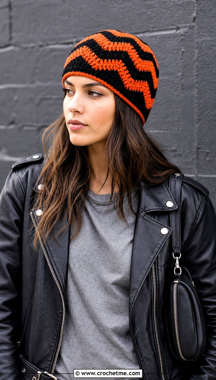 Chevron Mosaic Crochet Beanie With Leather Jacket - 25 Mosaic Crochet Beanie outfit ideas
