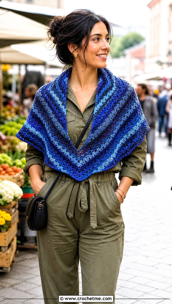 Chevron Mosaic Crochet Shawl With Utility Jumpsuit - 30 mosaic crochet shawl outfit ideas