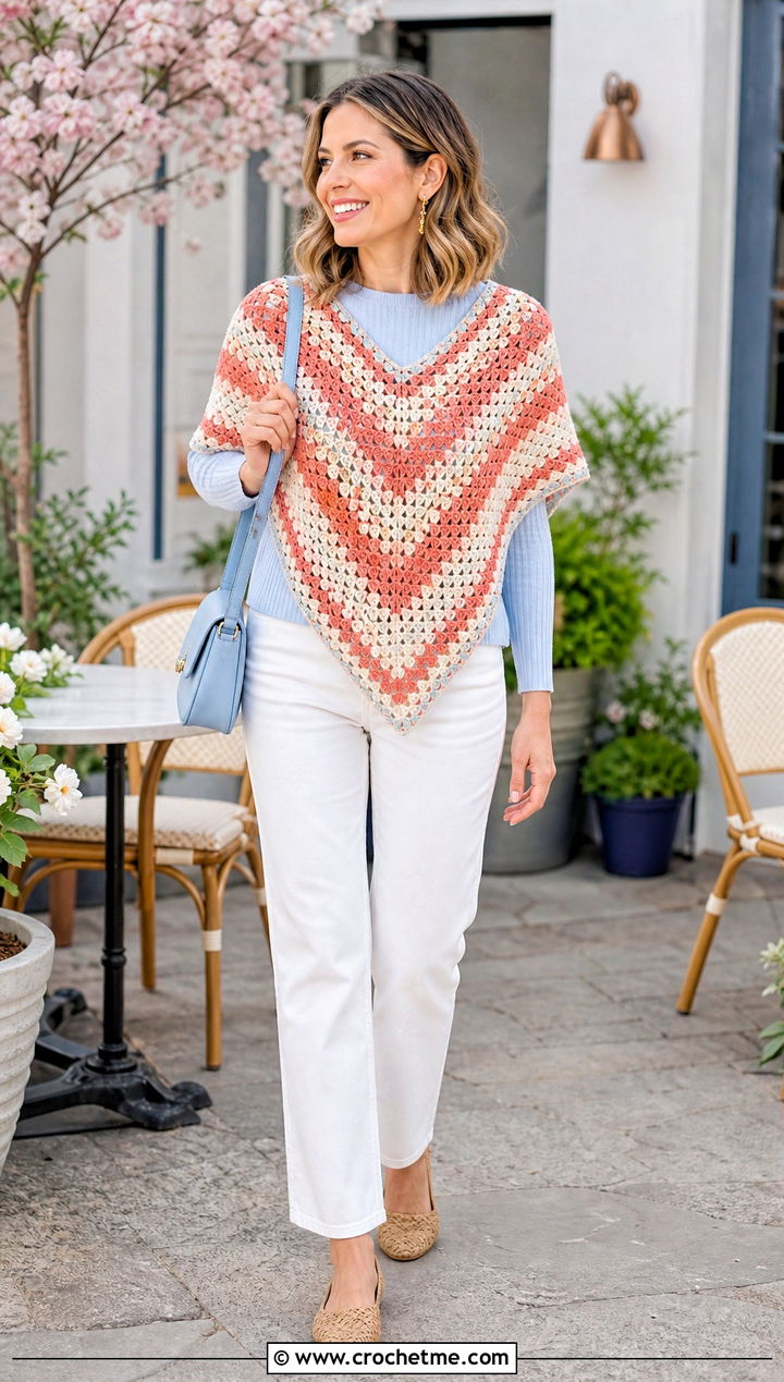 Chevron Mosaic Poncho With White Jeans - 15 Mosaic Crochet Poncho outfit ideas