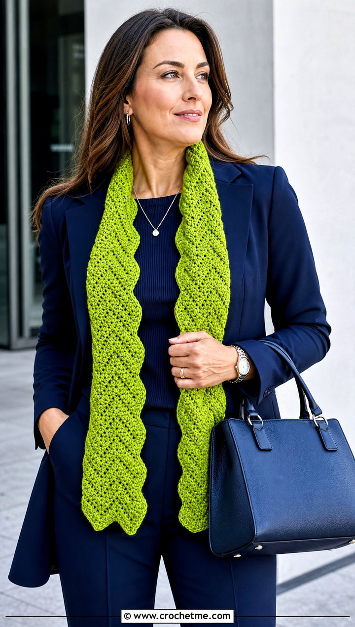 Chevron Moss Stitch Crochet Scarf With Monochrome Suit - 25 Moss Stitch Crochet Scarf outfit ideas
