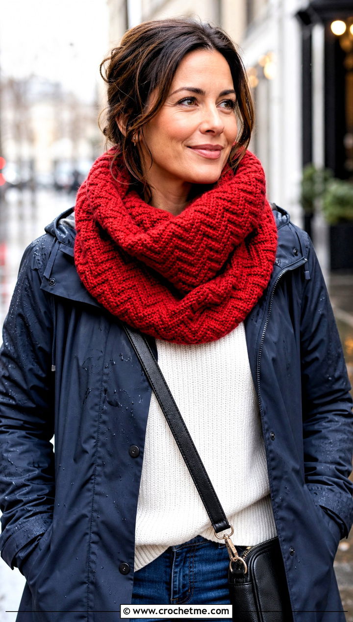 Chevron Moss Stitch Crochet Snood Scarf With Raincoat - 25 snood crochet scarf outfit ideas