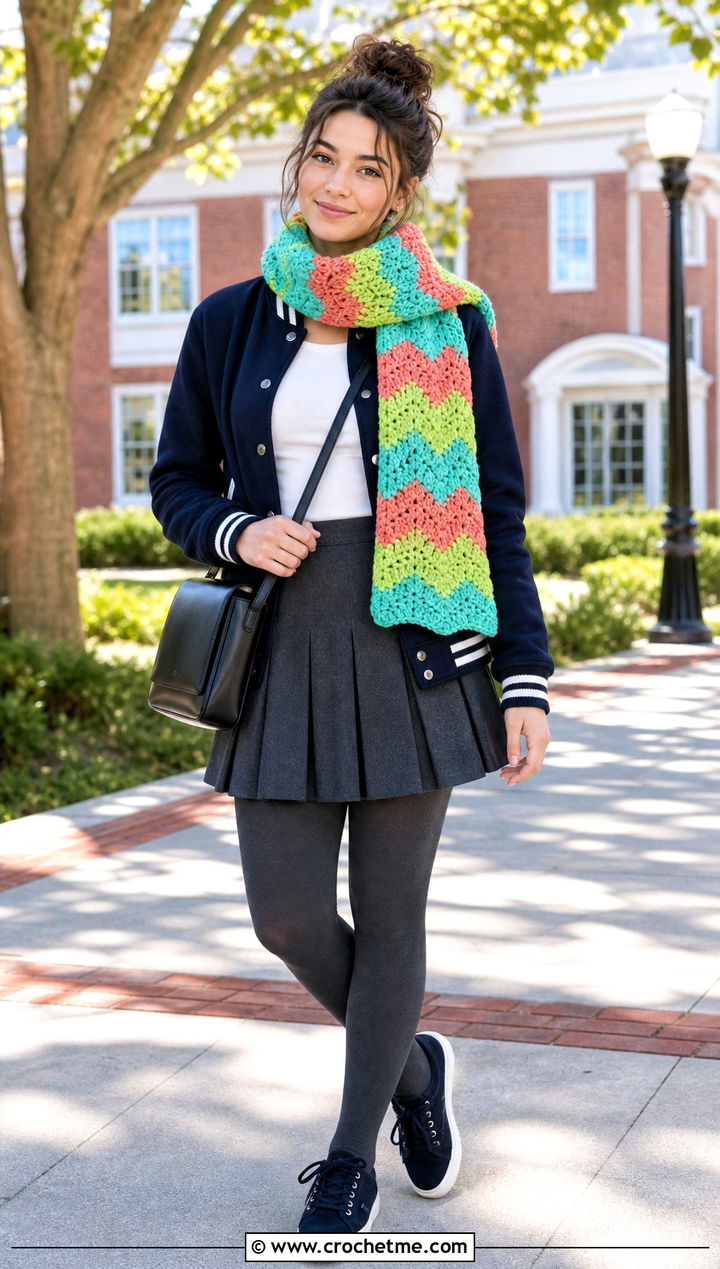 Chevron Moss Stitch Scarf With Varsity Jacket And Pleated Skirt - 35 crochet moss stitch scarf outfit ideas