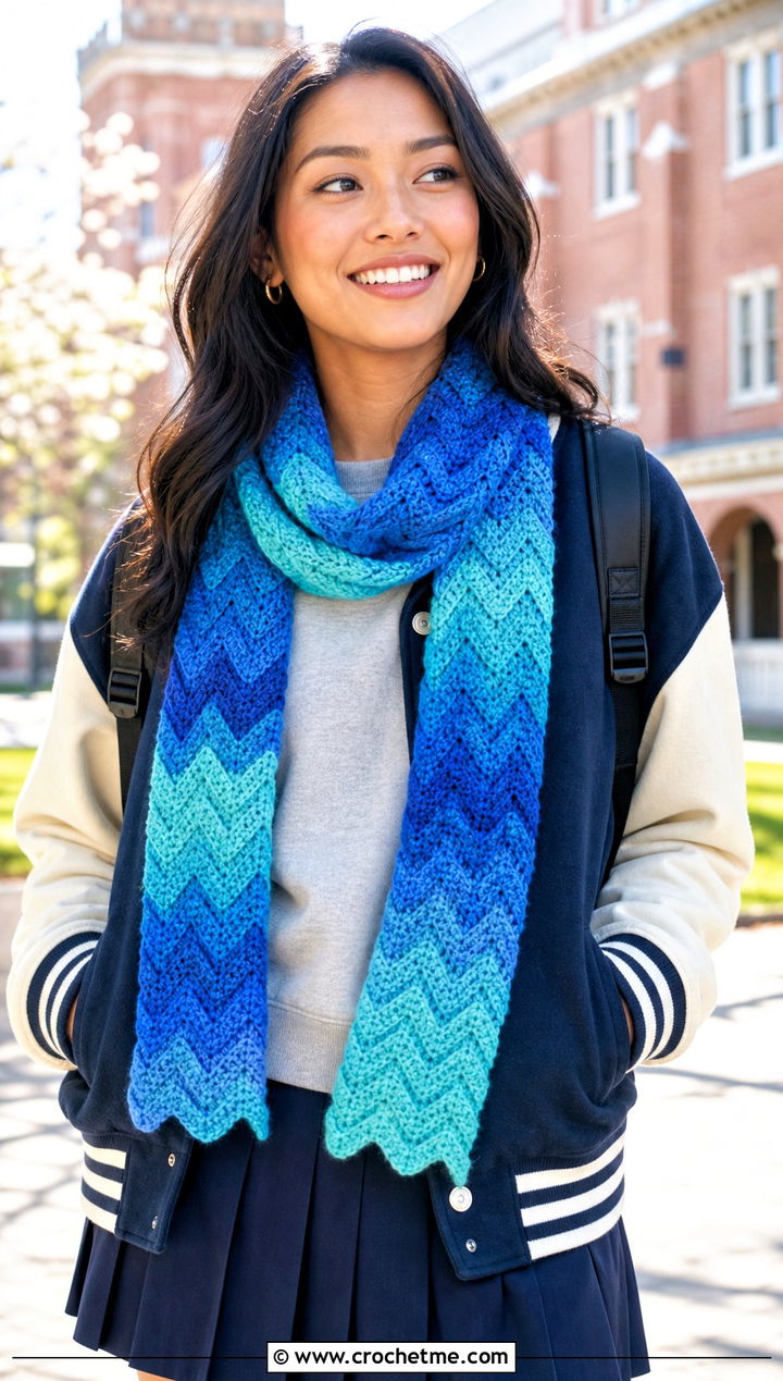 Chevron Ombre Crochet Scarf With Varsity Jacket - 25 Ombre Crochet Scarf outfit ideas