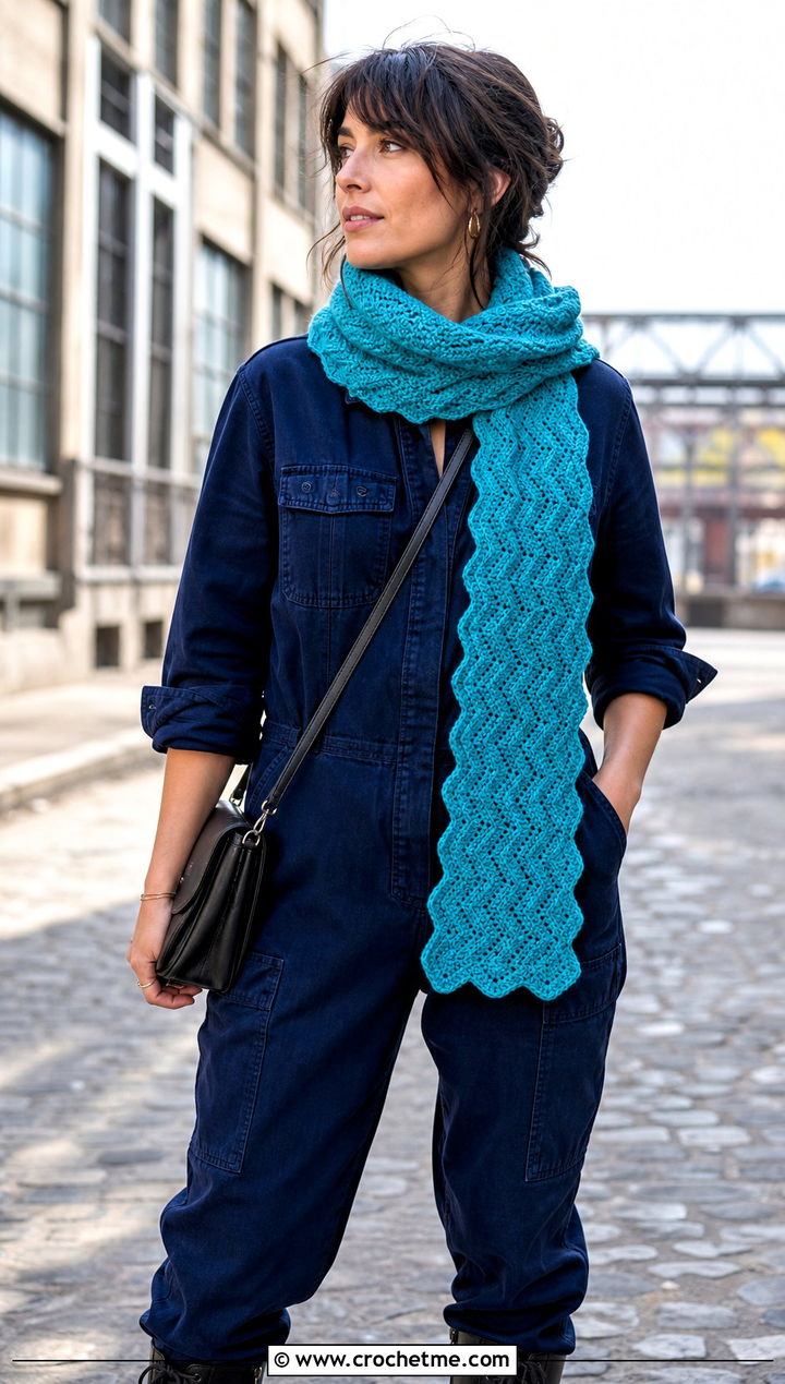 Chevron One Row Repeat Crochet Scarf With Utility Jumpsuit - 20 one row repeat crochet scarf outfit ideas