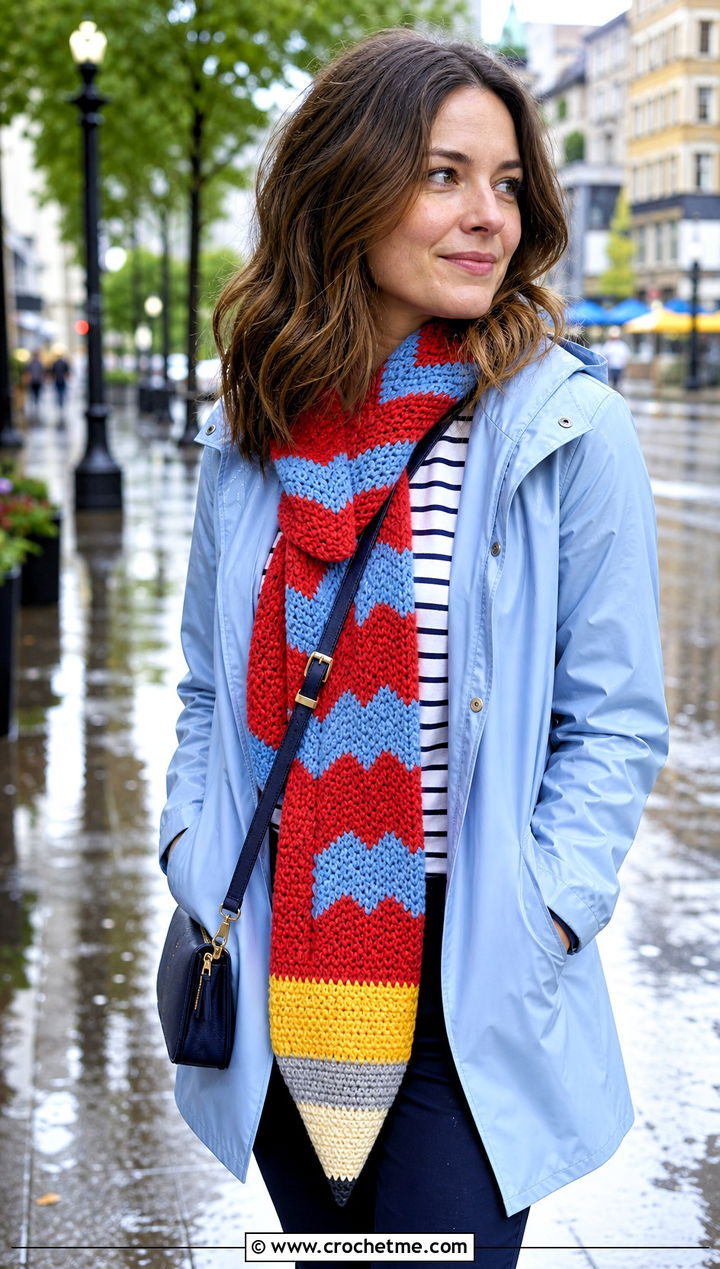 Chevron Pencil Crochet Scarf With Raincoat - 30 Pencil Crochet Scarf outfit ideas