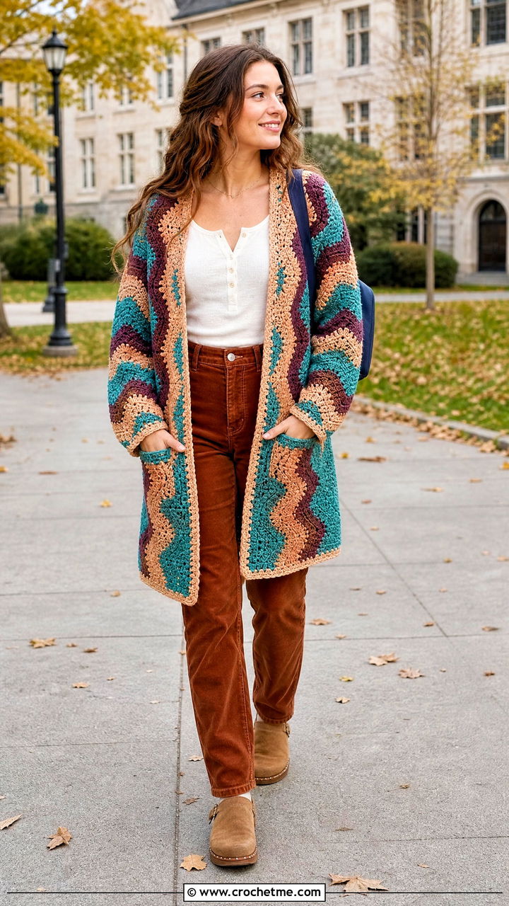 Chevron Pocket Crochet Wrap With Corduroy Pants - 35 crochet shawls and wraps outfit ideas