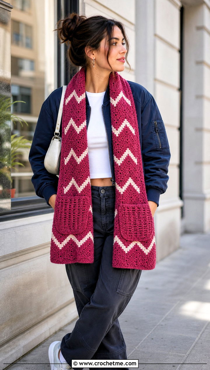 Chevron Pocket Scarf With Bomber Jacket - 25 crochet pocket scarves outfit ideas