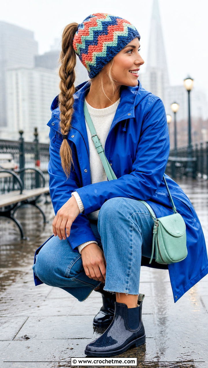 Chevron Ponytail Hat With Raincoat - 30 ponytail crochet hat outfit ideas