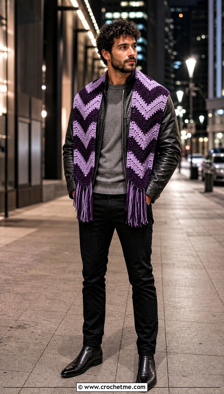 Chevron Prayer Shawl With Leather Jacket And Black Jeans - 20 Mens Crochet Prayer Shawl outfit ideas